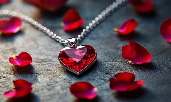 Heart-shaped ruby pendant on a delicate silver chain, surrounded by scattered rose petals on a velvet background,