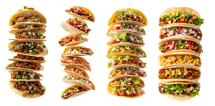 Collection of tall stack of Mexican hard soft shell tacos tortilla, with different ingredients salsa beef cheese chicken seafood, transparent background cutout PNG. Mockup template for artwork design