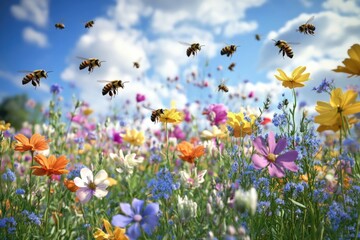 A vibrant field of flowers with busy bees collecting nectar, great for use in illustrations or designs related to nature and the environment