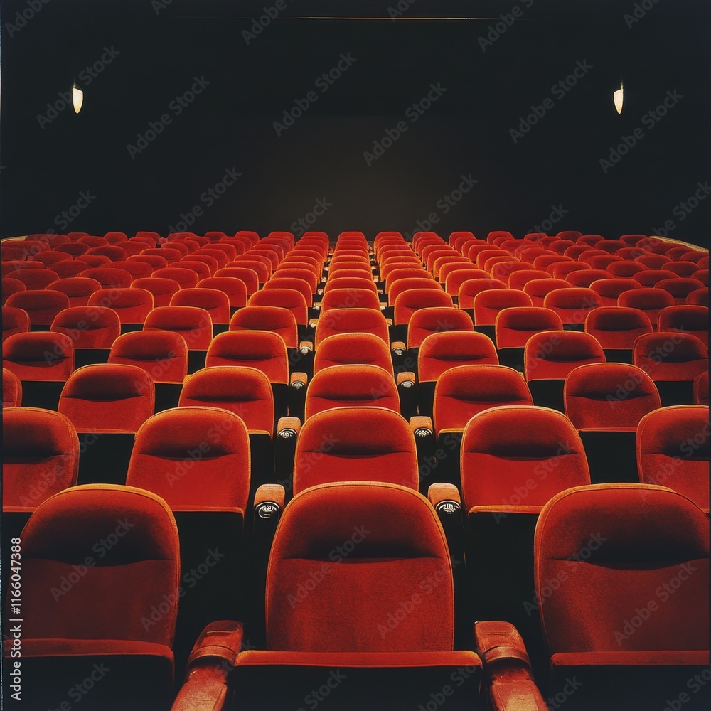 Aufkleber A captivating perspective of a movie theater, showcasing rows of plush red seats stretching towards the screen, inviting you to step into a world of cinematic wonder.