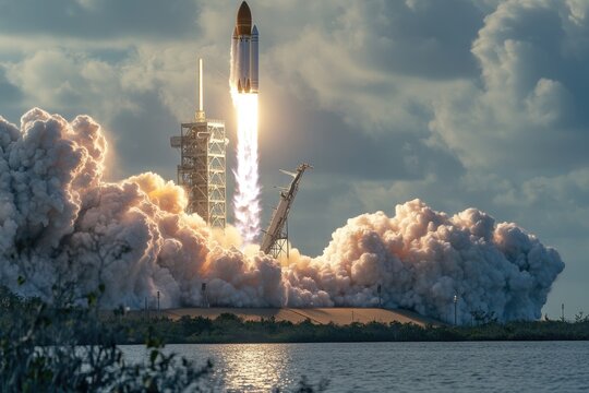 A space shuttle lifting off into the sky