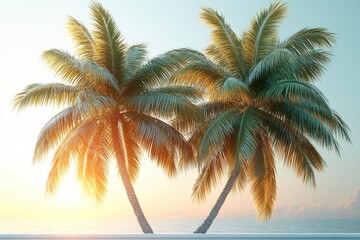 Two palm trees standing tall on a sunny beach, with blue ocean in the background