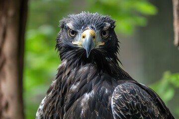Fototapeta premium A close-up shot of a bird of prey's face, with sharp eyes and feathers