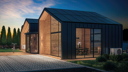 Green Energy on a Modern Home With Heat Pump & Solar Panels - 3D Visualization