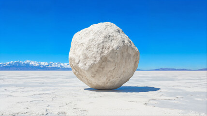 Solitary white boulder on salt flat desert landscape, Minimalist geological composition with mountain backdrop
