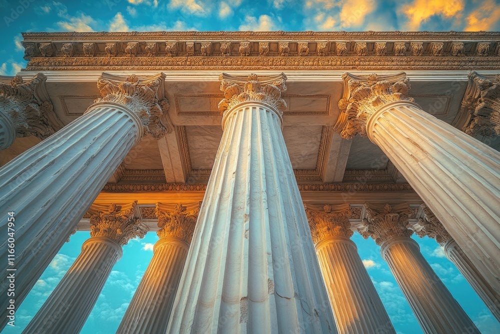Poster a group of columns standing against a cloudy blue sky, suitable for use in urban or architectural sc