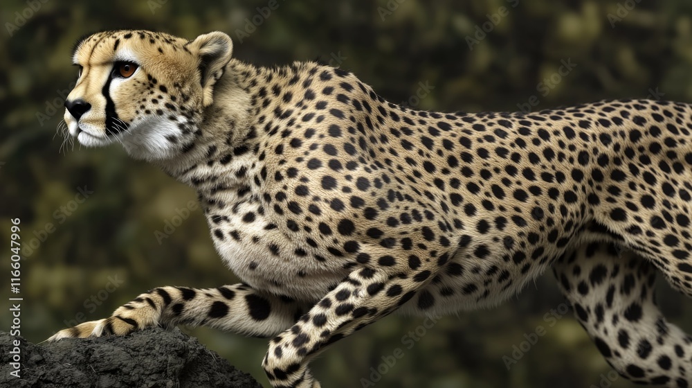 Poster a cheetah standing on a rock overlooking a dense forest, ready to pounce or observe its surroundings