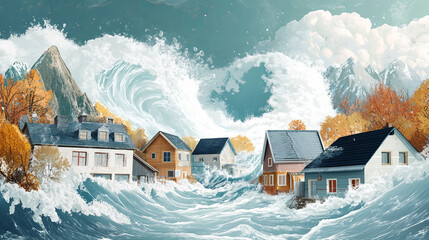Natural disasters flood, snowslide and tsunami cartoon posters. Nature calamity, cataclysms with houses under water flow, huge waves or snow avalanche. Extreme weather consequences Vector illustration