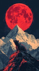 Bear on the Mountain Peak: A solitary bear stands on the summit of a snowy mountain peak, gazing up at a luminous red moon in the night sky. An evocative image of solitude, strength, and resilience.