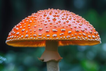 A close-up of a bright orange mushroom with small white dots, great for use in illustrations, designs, or scientific presentations