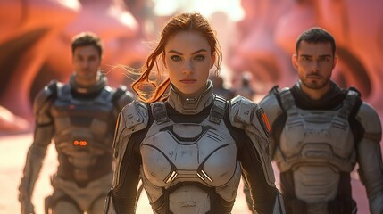 Galactic Guardians: A female astronaut leads a team of space explorers, their futuristic armor gleaming under an alien sun.  A cinematic image of courage and exploration. 