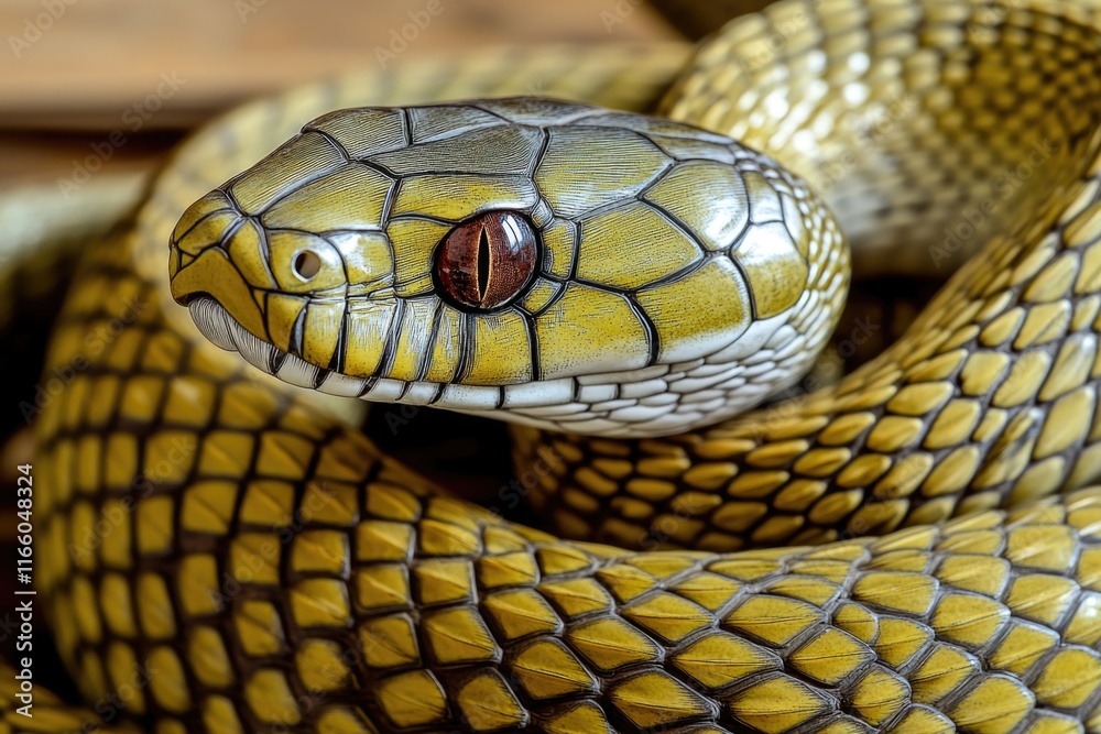 Poster a close-up shot of a snake's head on a table, showcasing its features