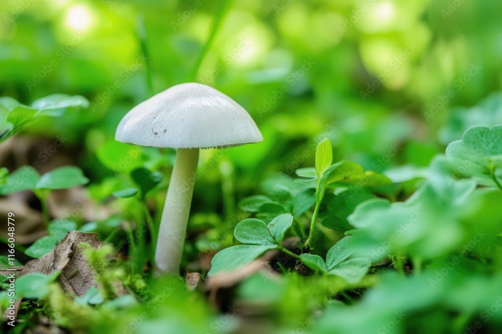 Poster a single white mushroom sits atop a lush green field, perfect for use in nature-inspired designs or 