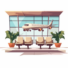 Airport waiting room with people and airplane vector illustration