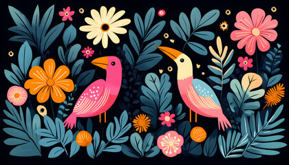 Fototapeta premium Two toucans amidst vibrant floral paradise; whimsical, stylized illustration. Perfect for home decor, textile prints, and branding.