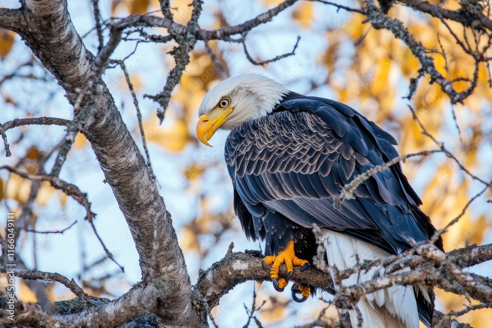 Poster a bald eagle resting on a tree branch, nature scene