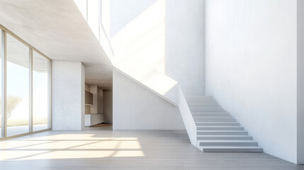 Obraz premium 3d stairs, white staircase on blank wall background. Way to business success, career ladder, architecture construction for building interior or exterior decoration. Realistic vector illustration