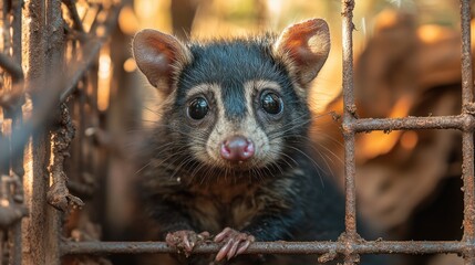 Close-up of a small animal confined in a cage, perfect for use in scenes about captivity or confinement