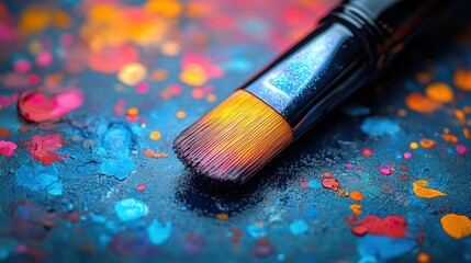 Fototapeta premium Paintbrush rests on colorful, vibrant paint splatter.