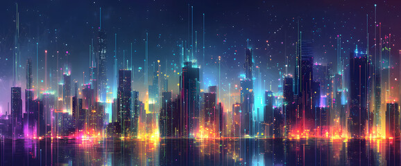 Fototapeta premium Futuristic City Skyline at Night Illuminated With Glowing Digital Lights and Orange Neon Structures in a Sci-Fi Inspired Landscape