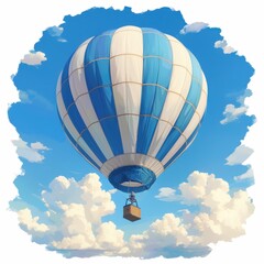 Obraz premium A colorful hot air balloon floating in a bright blue sky with fluffy clouds.