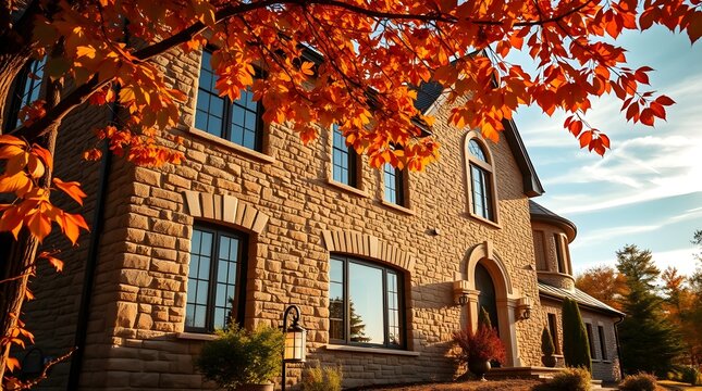 stock photo A gracefully elegant, professionally styled restoration of a historic stone residence.  Refurbished masonry with natural stone textures and modern windows 