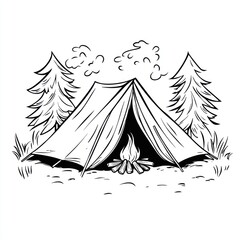 Camping Tent Scene with Fire and Pine Trees