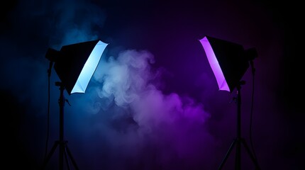 Professional photography studio setup with softbox lights. Dramatic studio lighting with smoky background. Studio Softbox Lights Creating Atmospheric Smoke. High-Contrast Photography Studio.
