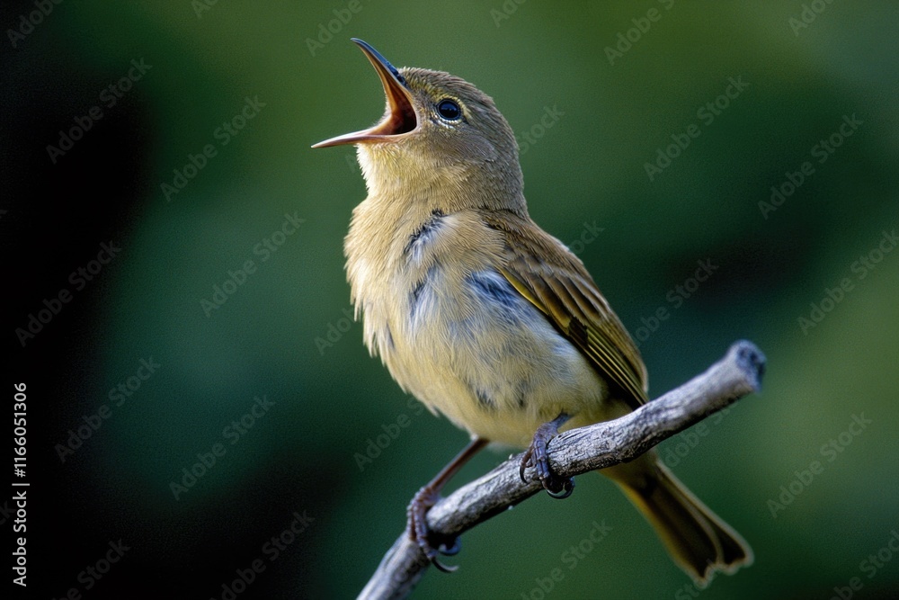 Poster a small bird perches on the edge of a tree branch, looking out at its surroundings