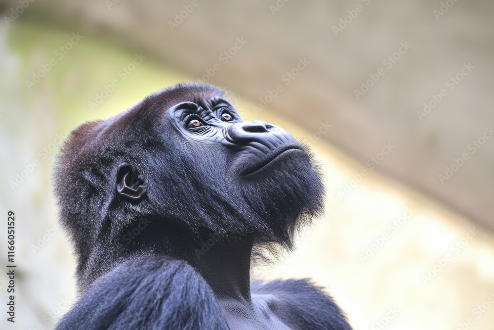 Poster a close-up shot of a gorilla's face looking upwards, expression unknown