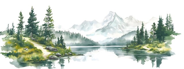 Watercolor painting on a white background, depicting an alpine lake with pine trees and mountains in the distance