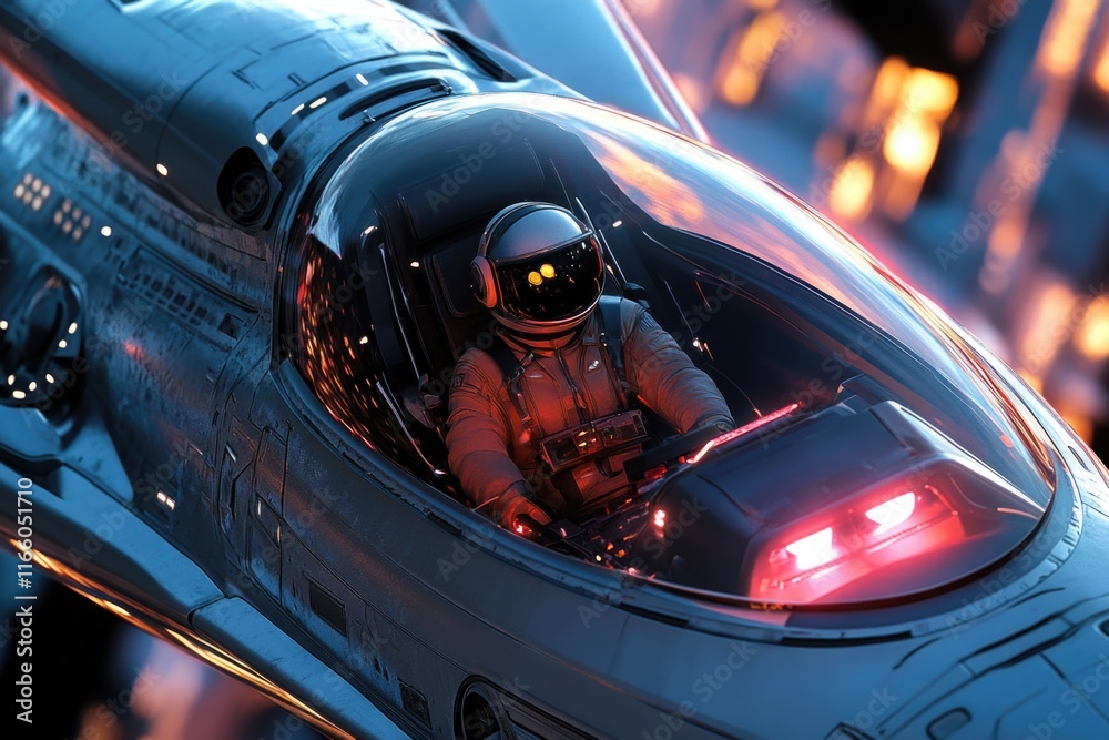 Poster astronaut sitting inside a spaceship wearing a space suit, a potential scene for sci-fi films or doc