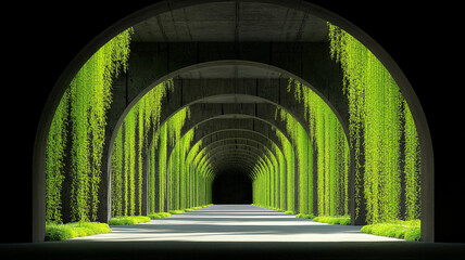 Illuminated green architectural tunnel with infinite perspective, Modern geometric corridor with repeating arches