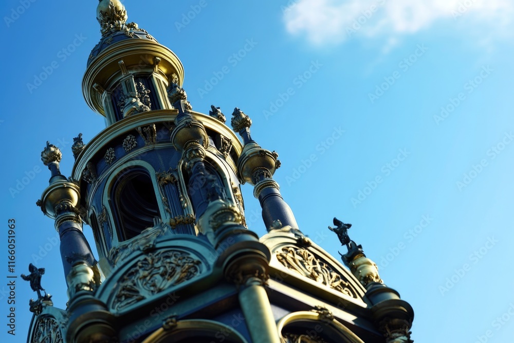 Poster a large clock tower stands tall in front of a clear blue sky, offering a serene and peaceful atmosph