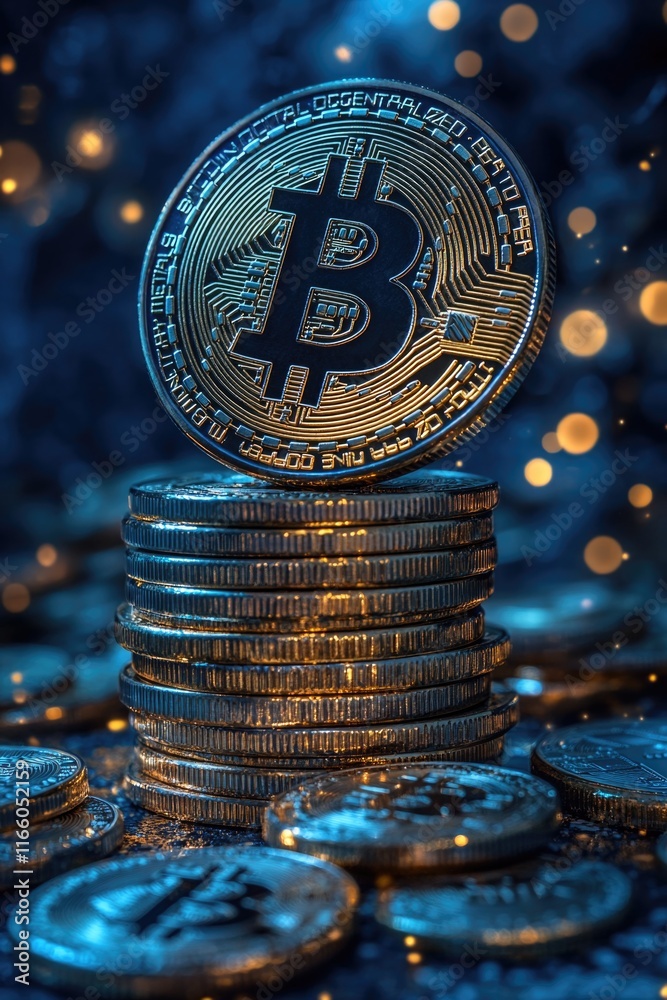 Poster a cryptocurrency coin sitting on a stack of other coins, representing wealth and prosperity
