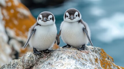 Fototapeta premium Two adorable penguin chicks on a rocky surface.