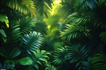 A lush and vibrant jungle scene with abundant green leaves and foliage