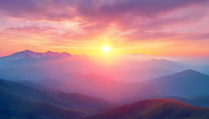 Fototapeta premium Majestic sunrise over a breathtaking mountain range, showcasing vibrant hues of pink, orange, and purple. Serene and peaceful landscape photography.