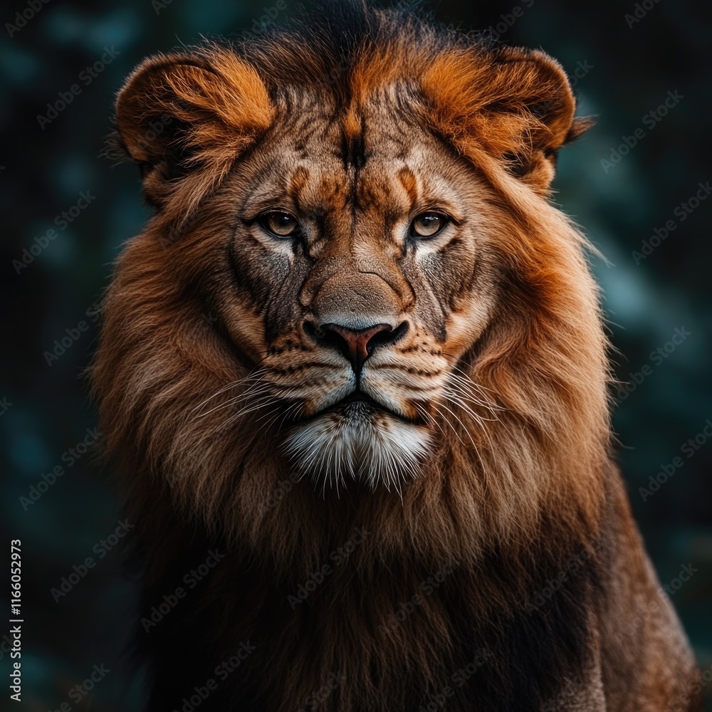 Poster a close-up shot of a lion's face on a dark background, suitable for use in wildlife or nature-relate