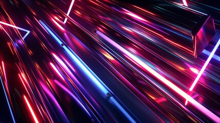 Pink and blue neon lights are reflecting on a metallic surface, creating a vibrant and futuristic pattern, ideal for a modern wallpaper