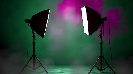 Professional photography studio setup with softbox lights. Dramatic studio lighting with smoky background. Studio Softbox Lights Creating Atmospheric Smoke. High-Contrast Photography Studio.
