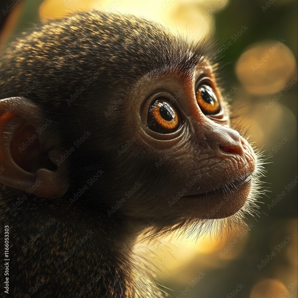 Poster a close-up shot of a monkey's face with a blurred background, great for use in animal or nature them