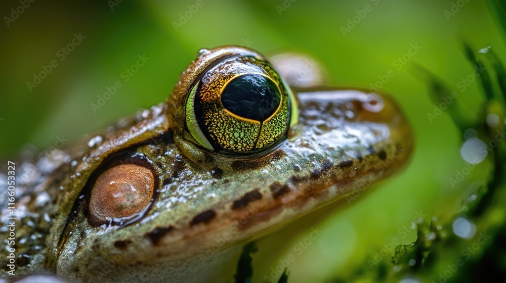 Poster A close-up shot of a frog's eye on a leaf, showing its unique features and patterns