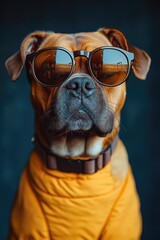 A friendly brown dog dressed in a yellow jacket and glasses, perfect for illustrations or designs related to education or fun