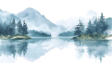 Watercolor painting on a white background, depicting an alpine lake with pine trees and mountains in the distance