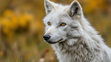 Obraz premium Close-up of a majestic white wolf, head and shoulders, in autumnal foliage.