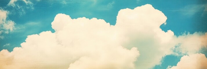 Vintage sky photography, giant fluffy cumulus cloud, retro teal background, nostalgic summer atmosphere, dreamy cloudscape, high contrast, textured cloud surface, wispy cirrus clouds, sun-drenched sky
