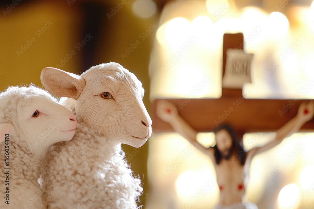 Poster a pair of sheep stand next to a cross in a peaceful scene