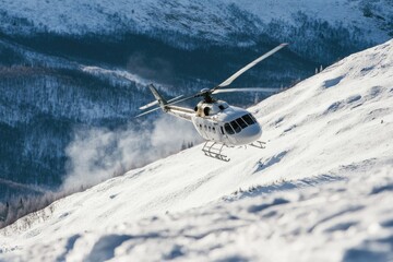 A helicopter flies over a snow-covered mountain landscape