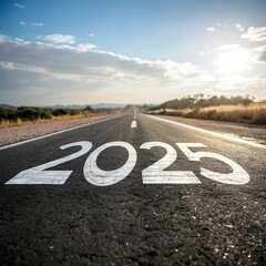 Fototapeta premium Starting 2025 Goal plan action, Business target and growth strategy. New year resolution and challenge. 2025 written on the road in the middle of an asphalt road with Goal plan action. way to success